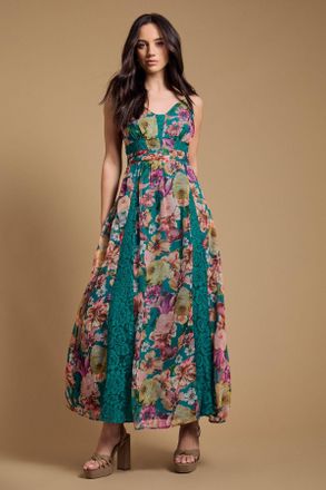 Oasis Womens Lace Panelled Waist Pleated Maxi Dress - Green - Size 10 UK