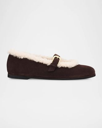 Stuart Weitzman Sai Shearling-Lined Suede Mary Jane Ballerina Flats