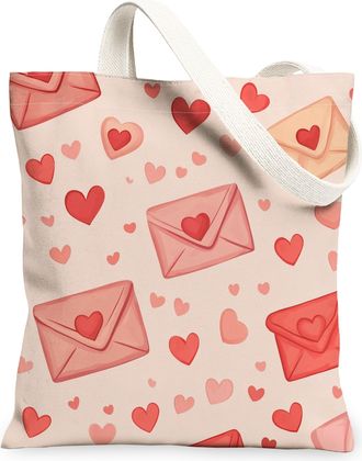 Generic Valentines Hearts Canvas Tote Bags, Cute Love Letter Pattern Reusable Grocery Bags, Lightweight Washable Shoulder Strap Canvas for Travel Beach Shoppi