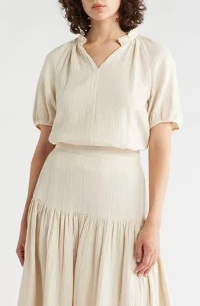 Caslon Split Neck Puff Sleeve Cotton Gauze Top in Beige Rainy Day at Nordstrom Rack, Size X-Small