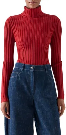 Akris Merino Wool Reverse Rib Turtleneck Sweater in Rusty Red at Nordstrom, Size 12