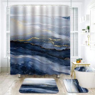 OEM Cortina De Ducha Y Alfombrilla De Ba&ntilde;o De M&aacute;rmol Azul Verdoso Juego De 4 Piezas Que Incluye Cortina De Ducha Impermeable De M&aacute;rmol Dorado (con Ganchos