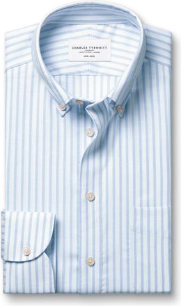 CHARLES TYRWHITT Buton-Down Non-Iron Stretch Oxford Stripe Cotton Shirt - Sky Blue Single Cuff Size 15.5/33 by Charles Tyrwhitt