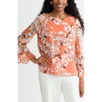 Kasper Print Ruffle Sleeve Top in Mandarin Multi at Nordstrom, Size X-Small