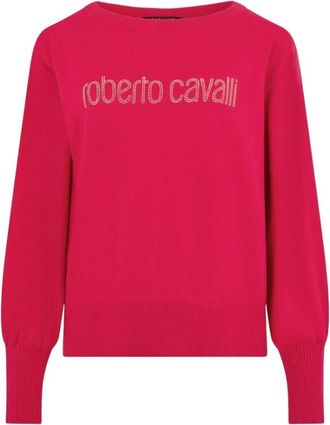 Roberto Cavalli Sweater Met Kristal Logo - Dames - Ronde hals truien - Rood - L - Truien & Vesten