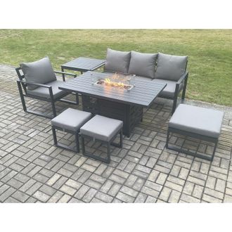 Fimous Fimous Aluminium 7 Pieces Garden Furniture Sofa Set with Cushions Gas Fire Pit Dining Table Set with 3 Footstools Side Table Dark Grey