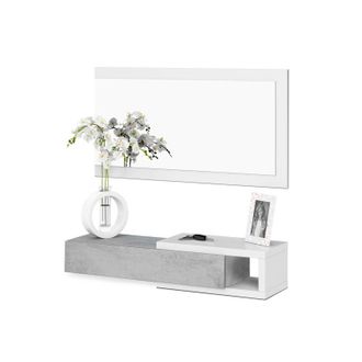 No Brand No Brand - Mueble Recibidor Noon Estilo Industrial En Color Blanco Y Cemento Con Espejo Y Peque&ntilde;o Hueco 95x19x26 Cm
