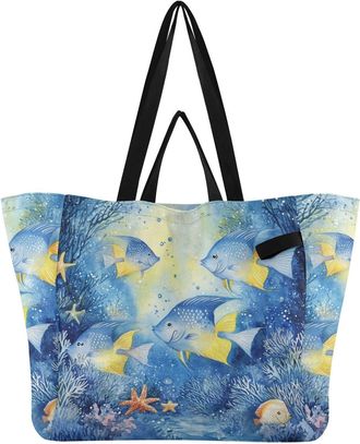Generic Starfishes Blue print Reusable Canvas Tote Bag, Heavy Duty Grocery Shopping Bag with Hard Bottom Double Handles Large Capacity Work Groceries Travel