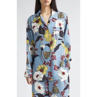 Marni Melodia Floral Satin Pajama Shirt in Mfb31Sky at Nordstrom, Size 6 Us