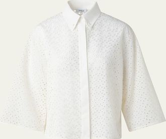 Akris Eyelet Three-Quarter Sleeve Poplin Blouse