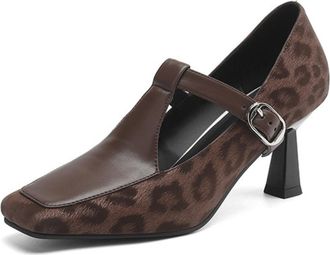 Generic Womens Mary Jane Pumps Square Toe Adjustable Buckle Strap Chunky Block Heel Mixed Texture Cushioned Insole Durable Stylish Shoes,Brown,6.5 UK