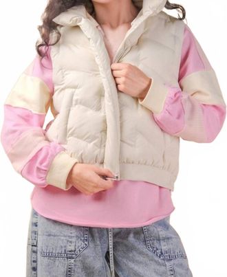 Very J Mock Neck Puffer Tie Vest In Ecru