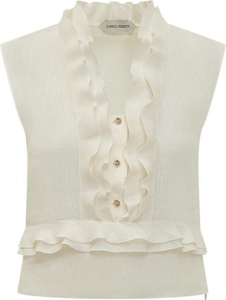 Alberta Ferretti Beige Solid Mandarin Collar Top