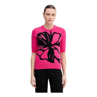 DKNY Dkny, Tops, Dames, Roze, M, Katoen, Gebreide trui met bloemenintarsia en korte mouwen