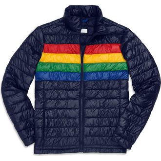 primary Grown-Ups Puffer Jacket In Stripe in Navy Bold Rainbow at Nordstrom, Size Xx-Large