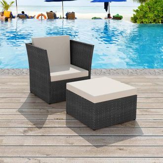 vidaXL Silla De Jard&iacute;n Con Taburete Poli Rat&aacute;n Negra Vidaxl