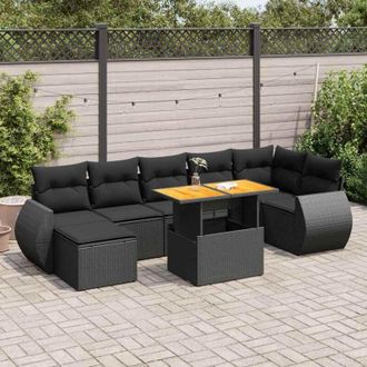 vidaXL Set De Sof&aacute;s De Jard&iacute;n Y Cojines 8 Piezas Rat&aacute;n Sint&eacute;tico Negro Vidaxl