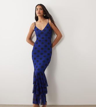 KAIIA Esclusiva Kaiia - Vestito lungo sinuoso in rete blu e nero a pois con spalline sottili e volant a balze sul fondo