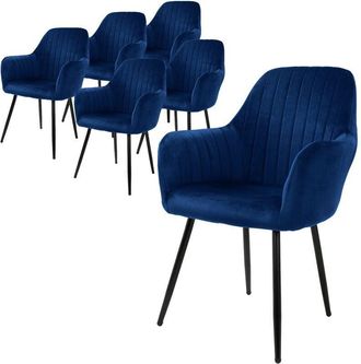 ML Design Ml-design - 6x Sillas De Comedor Azules Ergon&oacute;micas, Asiento Tapizado Aspecto De Terciopelo Patas De Metal Con Respaldo Y Reposabrazos Sill&oacute;n Moderno 