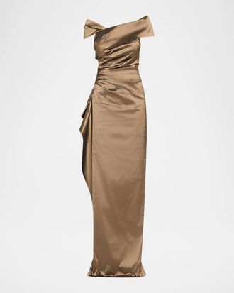 Teri Jon Off-Shoulder Stretch Taffeta Column Gown