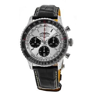 Breitling Navitimer B01 Chronograph 43 Automatic Silver Dial Leather Strap Mens Watch AB0138241G1P1