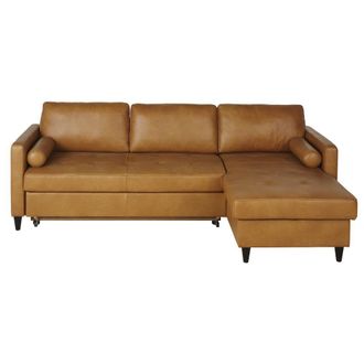Maisons du monde Sof&aacute; cheslong de 4/5 plazas de cuero color caramelo