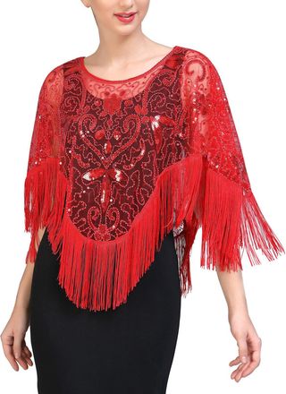 Feoya Womens 1920s Shawl Sequin Beaded Evening Cape Flapper Shrug Retro Tulle Tassel Shawls Vintage Mesh Fringe Shawl Wraps Shiny Short Fringed Art Deco Wra