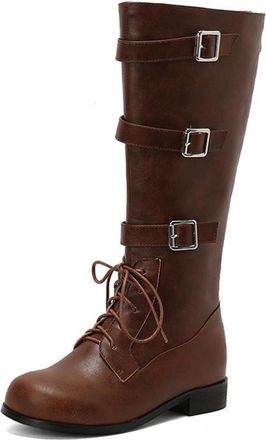 Generic Womens Retro Knee High Boots With Multi Buckles Lace Up Faux Leather Like Comfortable Slip Resistant Durable For Casual Daily Streetwear Fall Winter,B