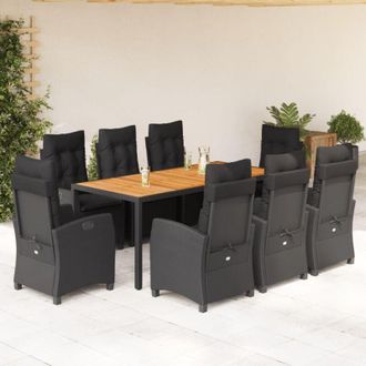 vidaXL Set De Comedor De Jard&iacute;n 9 Pzas Y Cojines Rat&aacute;n Sint&eacute;tico Negro Vidaxl