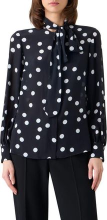 Akris Polka Dot Silk Georgette Tie Neck Top in Black-Cream at Nordstrom, Size 16