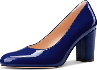 Castamere Womens High Chunky Block Heel Round Toe Pumps Court Shoe Slip-on Prom Dress Patent Leather 8 CM Heels Navy Blue 6.5 UK