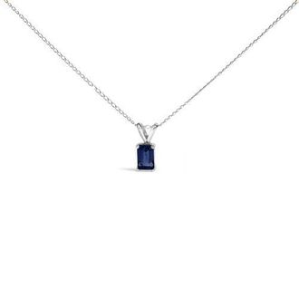 House of Brilliance 14K Gold 6x4MM Emerald Cut Gemstone Solitaire Pendant Necklace in Blue Sapphire | White at Nordstrom