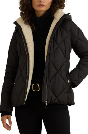 Lauren Ralph Lauren Diamond Puffer Coat with Faux Shearling Lining in Black at Nordstrom, Size Xx-Large