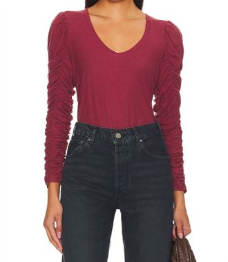Nation Ltd Renee Shirred Sleeve V-Neck Top In Curtain Call