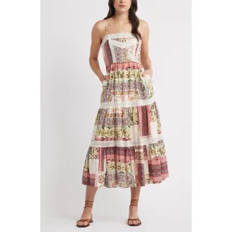 Chelsea28 Lace Inset Patchwork Midi Dress in Burgundy Print Mix at Nordstrom Rack, Size Xx-Large