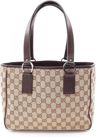 Gucci Beige Brown Canvas Leather Tote Bag (Pre-Owned)