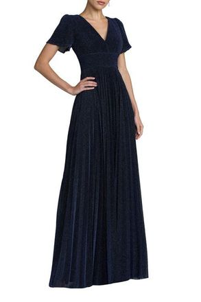 Mac Duggal Petite Pleated Metallic Flutter Sleeve A Line Gown in Midnight at Nordstrom, Size 10P