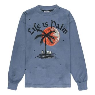 Palm Angels Long Sleeve Sunset Palm Garment Dyed T-Shirt Indigo Black PMAB002F22JER0034910