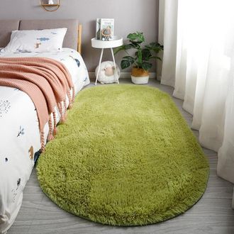 OEM Esta Alfombra Ovalada De Pelo Largo En Color Verde Es Resistente A Las Manchas, Antideslizante E Ideal Para Vestidores, Dormitorios Y Mesitas De Noche
