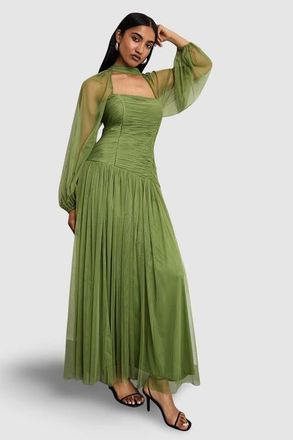 Warehouse Bow Detail Gathered Tulle Maxi Dress in Green at Nordstrom, Size 10