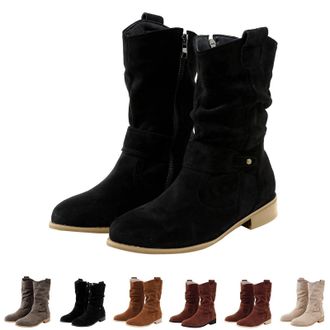 Generic UK Size 3.5 Slouch Mid Calf Flat Boots for Women Clearance Low Heeled Flats Boots Mid Calf Boots Women Suede Slip On Casual Boots with Side Zipper Pul