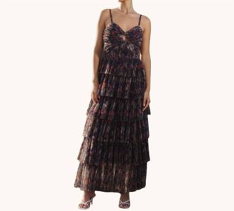 Hutch Rosey Floral Gathered Tiered Evening Gown In Navy Tropical Garden