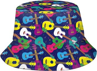 AOOEDM Colorful Hawaiian Ukulele Outdoor Sun Fishermans hat Bucket Caps Breathable Beach Hats for Men Women