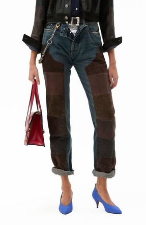 Versace Gender Inclusive Leather Patchwork Straight Leg Jeans in Dirty Blue Brown at Nordstrom, Size 30