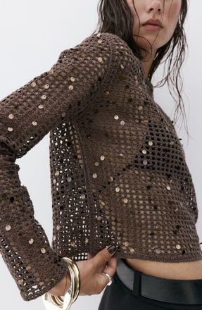 Mango Sequined Crocheted Sweater in Chocolate at Nordstrom, Size X-Small