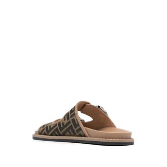 Fendi Buckle-Strap FF Canvas Slide Sandals - Brown
