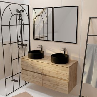 Aurlane Mueble Ba&ntilde;o 120cm 4 Cajones Roble, Lavabos Negros &Oslash;36cm, 2 Espejos 55x75