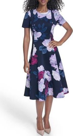 Calvin Klein Floral Fit & Flare Midi Dress in Indigo/Regal Multi at Nordstrom Rack, Size 12