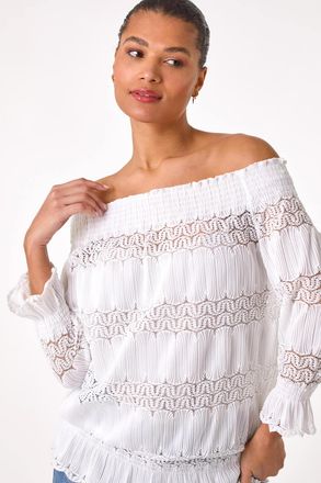 Roman Lace Insert Frill Bardot Top