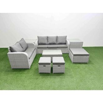 Fimous 8 Seater pe Rattan Wicker Garden Furniture Patio Conservatory Sofa Set with Rectangular Coffee Table 3 Seater Sofa Love Sofa 3 Stool 2 Side Table